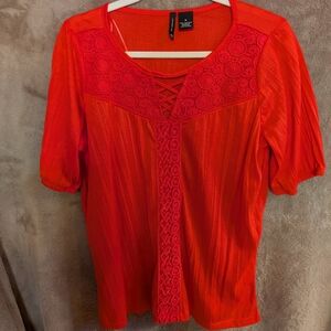 New Directions Vibrant Red Blouse with Lace Accents